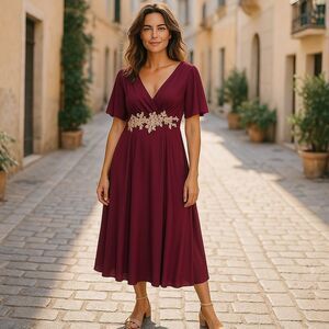 SHEIN Burgundy Midi Dress with‎ Gold Accents
